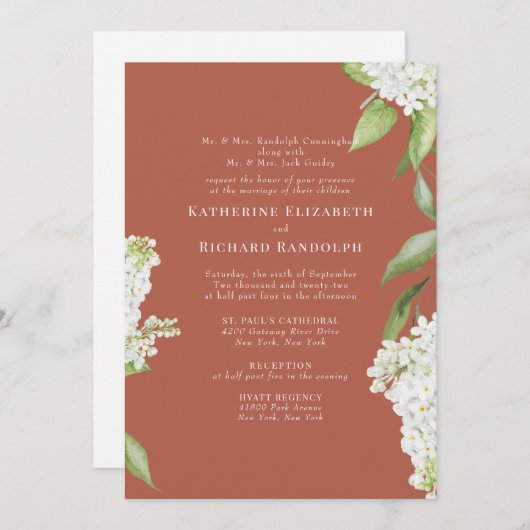 Invitation Elégante Hydrangée blanche cannelle V Mariage (Devant / Derrière)