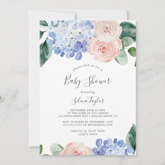 Invitation Elégante Hydrangée Bleue | Baby shower blanc (Devant)
