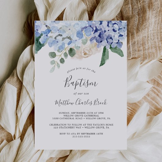 Invitation Elégante Hydrangée Bleue | Baptême blanc