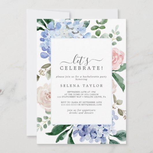 Invitation Elégante Hydrangée Bleue | Blanc Fêtons (Devant)