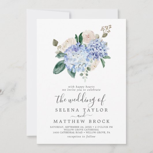 Invitation Elégante Hydrangée Bleue | Blanc Le Mariage De (Devant)