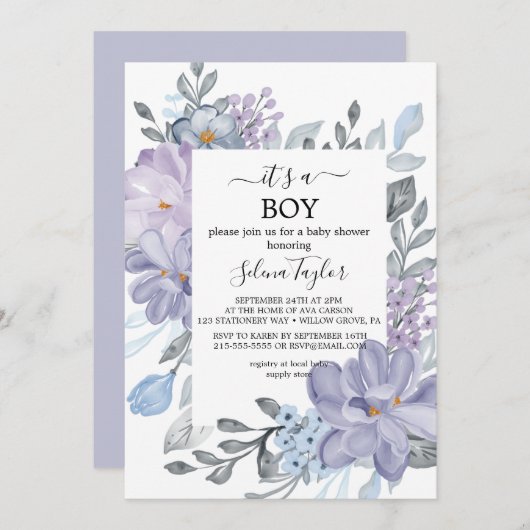 Invitation Elégante Hydrangée Bleue | C'est un Baby shower po (Devant / Derrière)