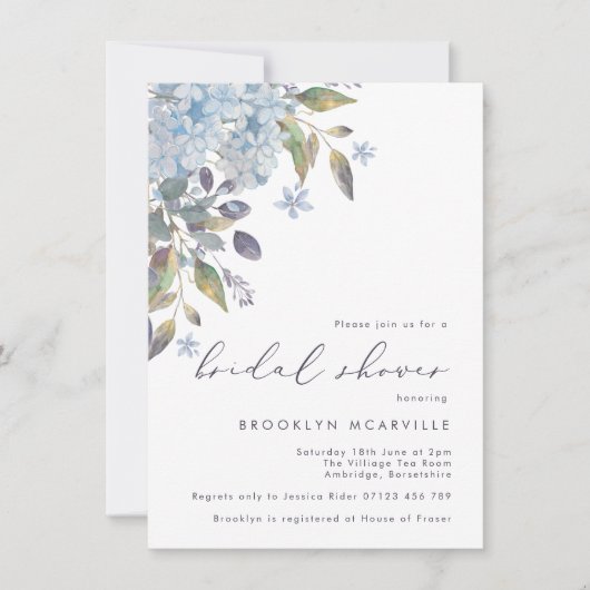 Invitation Elégante Hydrangée Bleue Douche nuptiale Invitatio (Devant)