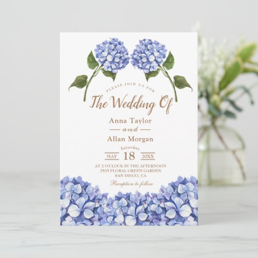 Invitation Élégante Hydrangée Bleue Florale (Debout devant)