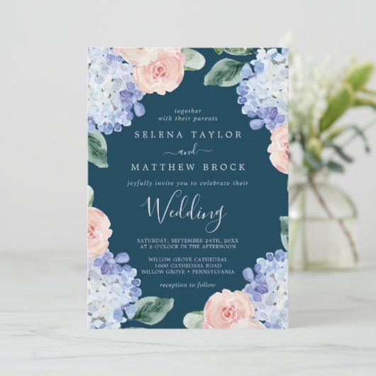Invitation Elégante Hydrangée Bleue | Mariage de marine (Debout devant)