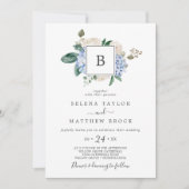 Invitation Elégante Hydrangée Bleue | Mariage de monogramme b (Devant)