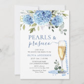 Invitation Elégante Hydrangée Bleue Perles Florales & Prosecc (Devant)