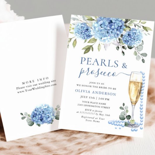 Invitation Elégante Hydrangée Bleue Perles Florales & Prosecc