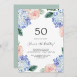 Invitation Elégante Hydrangée Bleue | White 50th Birthday Par<br><div class="desc">Cette élégante invitation à la fête du 50e anniversaire d'hydrangée bleue est parfaite pour une fête d'anniversaire de printemps ou d'été. Le design floral classique est composé d'hydrangées bleu poudre douce,  agrémentées de fleurs roses neutres et de feuilles verts.</div>