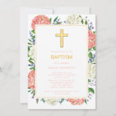 Invitation Élégante Hydrangée rose blanche Croix d'or Baptême (Devant)