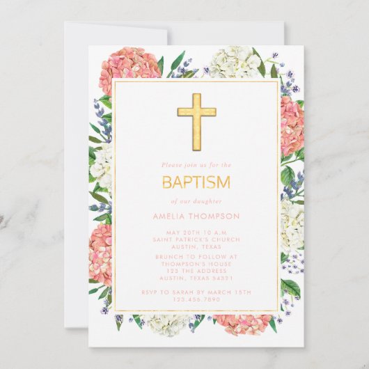 Invitation Élégante Hydrangée rose blanche Croix d'or Baptême (Devant)