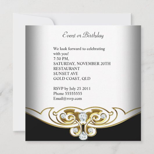 Invitation Élégante image de diamant noir blanc (Dos)