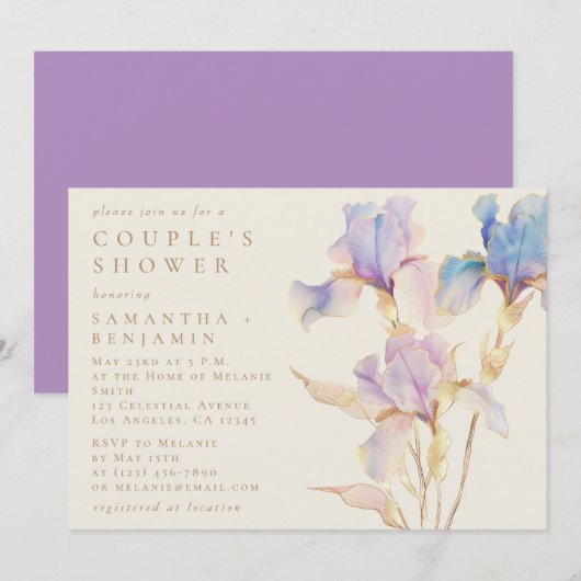 Invitation Elégante Iris Floral Aquarelle Couple Douche (Devant / Derrière)