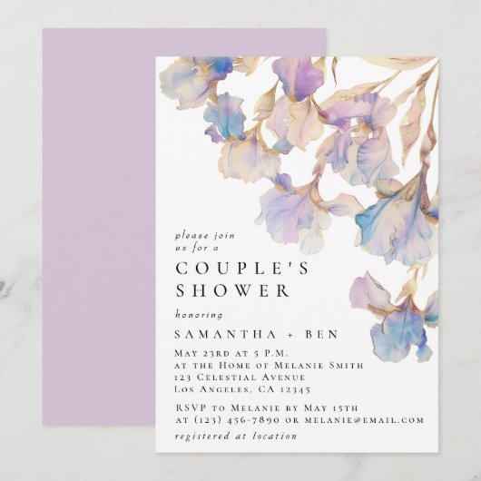 Invitation Elégante Iris Floral Aquarelle Couple Douche (Devant / Derrière)