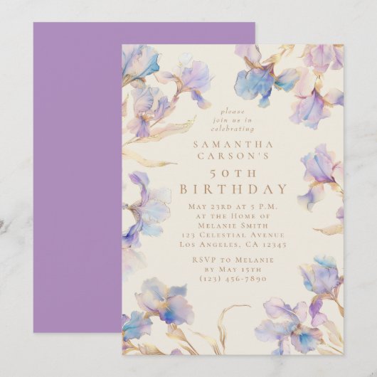 Invitation Elégante Iris Floral Aquarelle fête d'anniversaire (Devant / Derrière)
