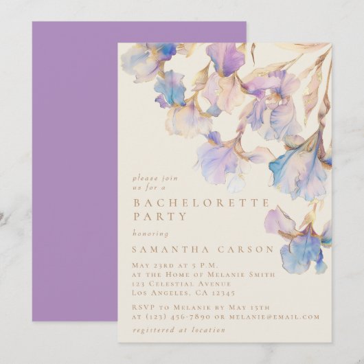 Invitation Elégante Iris Floral Watercolor Bachelorette Party (Devant / Derrière)
