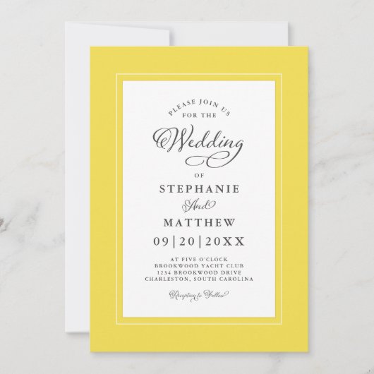 Invitation Elégante Jaune & Blanc Mariage Calligraphie modern (Devant)