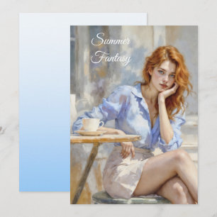 Invitation Elégante jeune femme en bleu et blanc dans un café