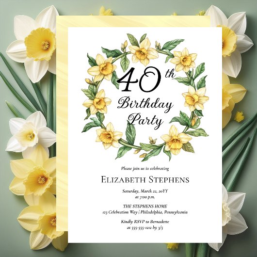 Invitation Élégante jonquille jaune 40e anniversaire floral