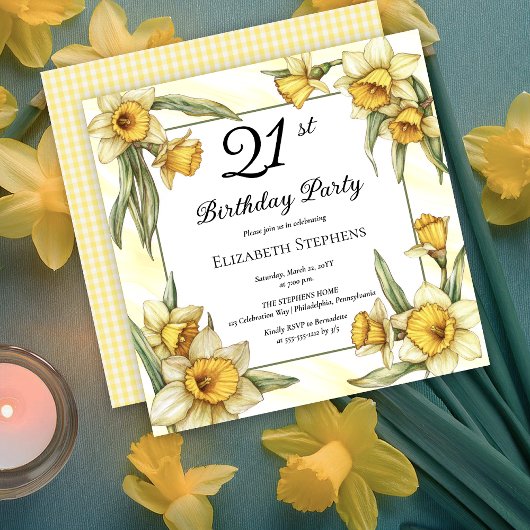 Invitation Élégante jonquille jaune Floral 21e anniversaire