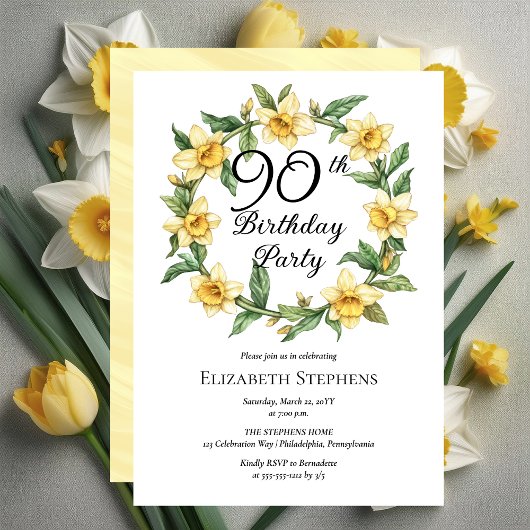 Invitation Élégante jonquille jaune Floral 90e anniversaire