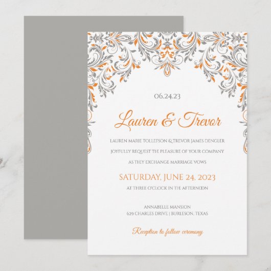 Invitation Élégante | Kate (Orange & Gris) (Devant / Derrière)
