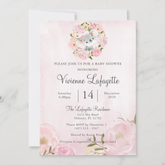 Invitation Elégante Koala Girly Pony Baby shower (Devant)