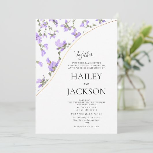 Invitation Élégante lavande blanche fleurs or mariage (Debout devant)