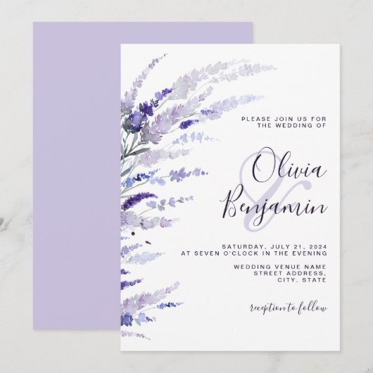 Invitation Élégante Lavande Dusty violet Mariage Lilac Floral (Devant / Derrière)
