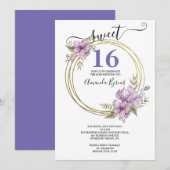 Invitation Élégante Lavande et Gold Sweet 16 Floral Circle (Devant / Derrière)