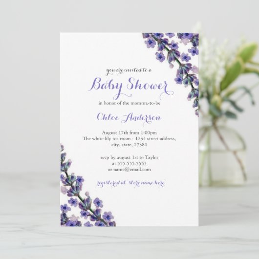 Invitation Élégante Lavender Baby shower douche (Debout devant)