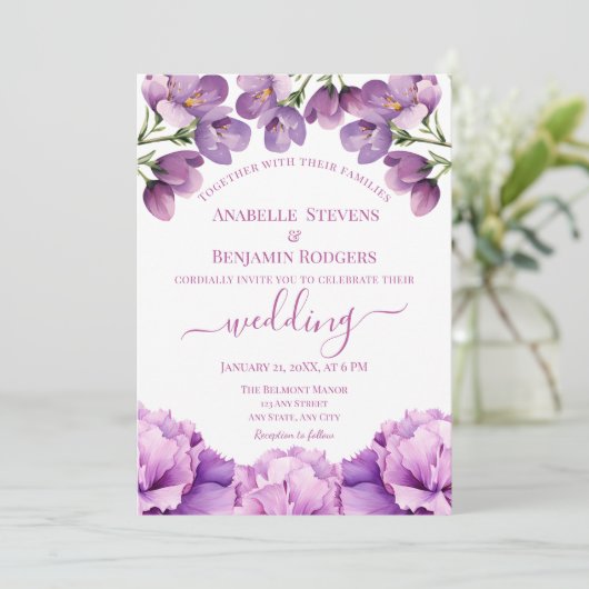 Invitation Élégante Lilac Purple Floral avec Mariage de code (Debout devant)