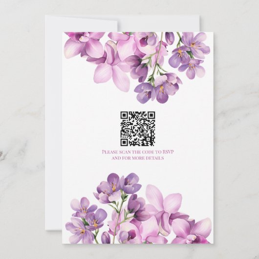 Invitation Élégante Lilac Purple Floral avec Mariage de code (Dos)