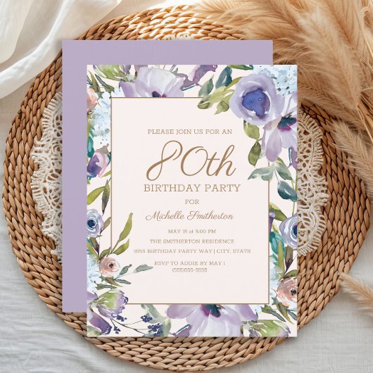 Invitation Elégante Lilac Purple Floral Greenery 80e annivers