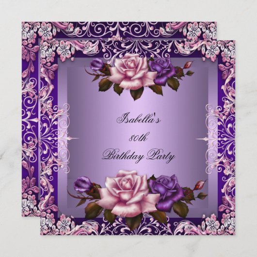 Invitation Élégante Lilac Rose violet 80e fête d'anniversaire (Devant / Derrière)