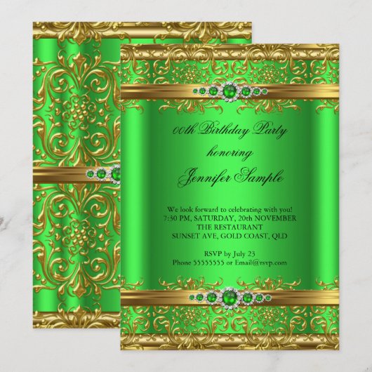 Invitation Elégante Lime Green Gold Damask Diamond Anniversai (Devant / Derrière)