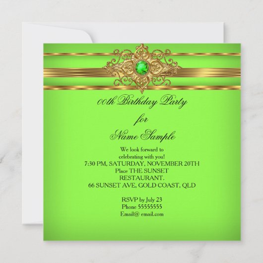 Invitation Elégante Lime Vert Bijou Or fête d'anniversaire (Dos)