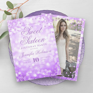 Invitation Élégante lumière violet de glam Photo Sweet 16