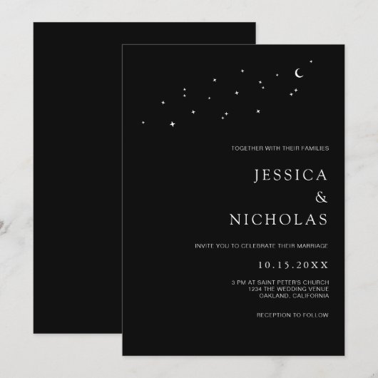 Invitation Élégante Lune et étoiles Mariage noir minimal (Devant / Derrière)