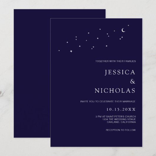 Invitation Élégante Lune & Étoiles Midnight Blue Mariage (Devant / Derrière)