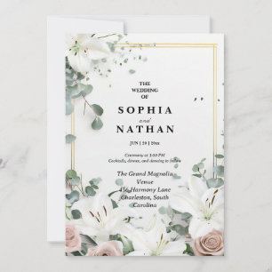 Invitation Elégante Lys Blanches & Eucalyptus Mariage Floral
