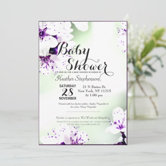 Invitation Élégante Lys violets et blancs sur Vert doux (Debout devant)