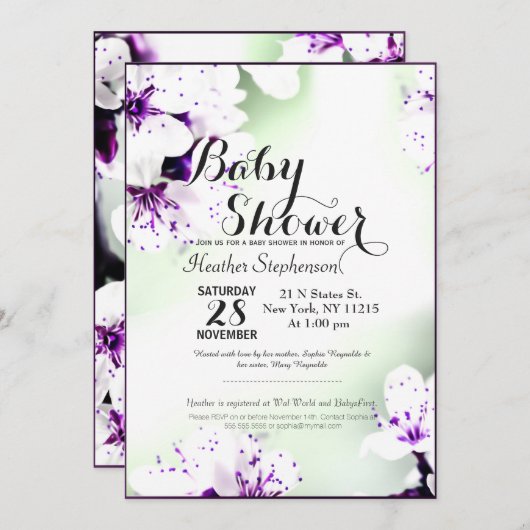 Invitation Élégante Lys violets et blancs sur Vert doux (Devant / Derrière)