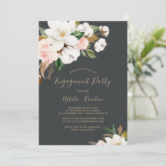 Invitation Élégante Magnolia Black and White Engagement Party (Debout devant)