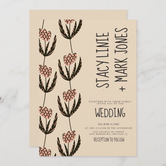 Invitation Elégante main florale tirée Mariage de script fant (Devant / Derrière)