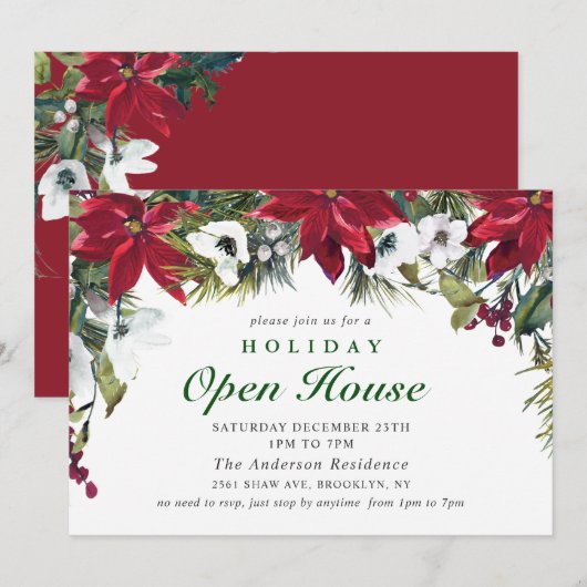 Invitation Elégante Maison ouverte de Noël Poinsettia (Devant / Derrière)