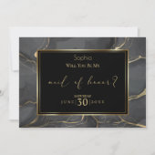 Invitation Élégante Marbre noir et or Maid of Honor (Devant)