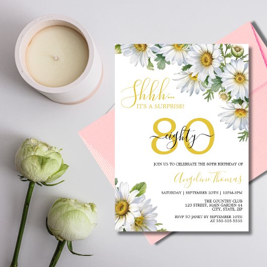 Invitation Elégante marguerite blanche Floral Surprise Annive