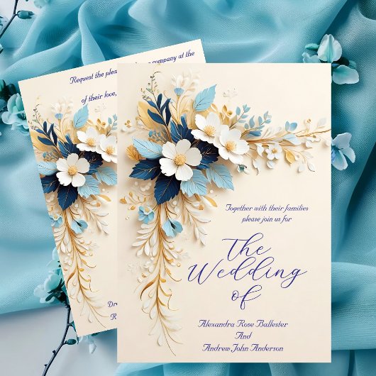 Invitation Elégante Mariage bleu blanc crème or Fleurs