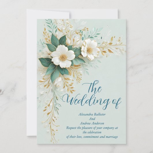 Invitation Elégante Mariage Bleu Vert Blanc Or Fleurs (Devant)